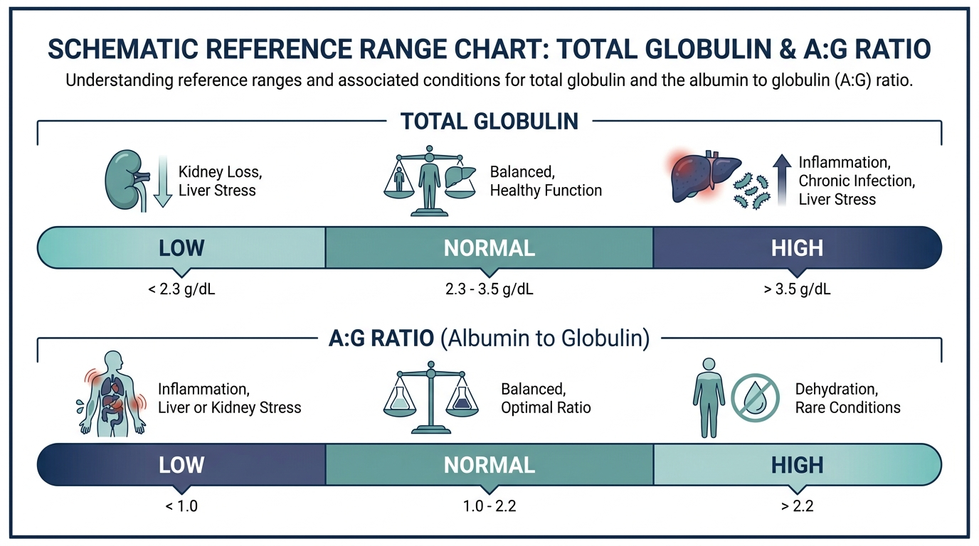 Reference range chart showing low, normal, and high total globulin and A:G ratio bands with associated conditions