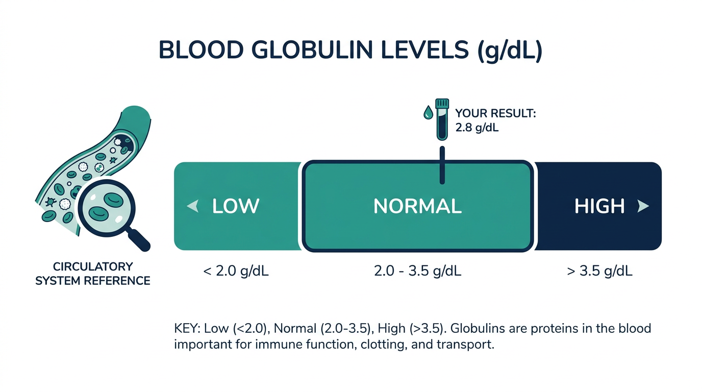 Reference range chart showing low, normal, and high blood globulin levels