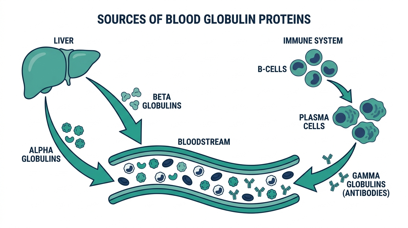 Diagram showing the liver producing alpha and beta globulins and immune B-cells producing gamma globulin antibodies into the blood