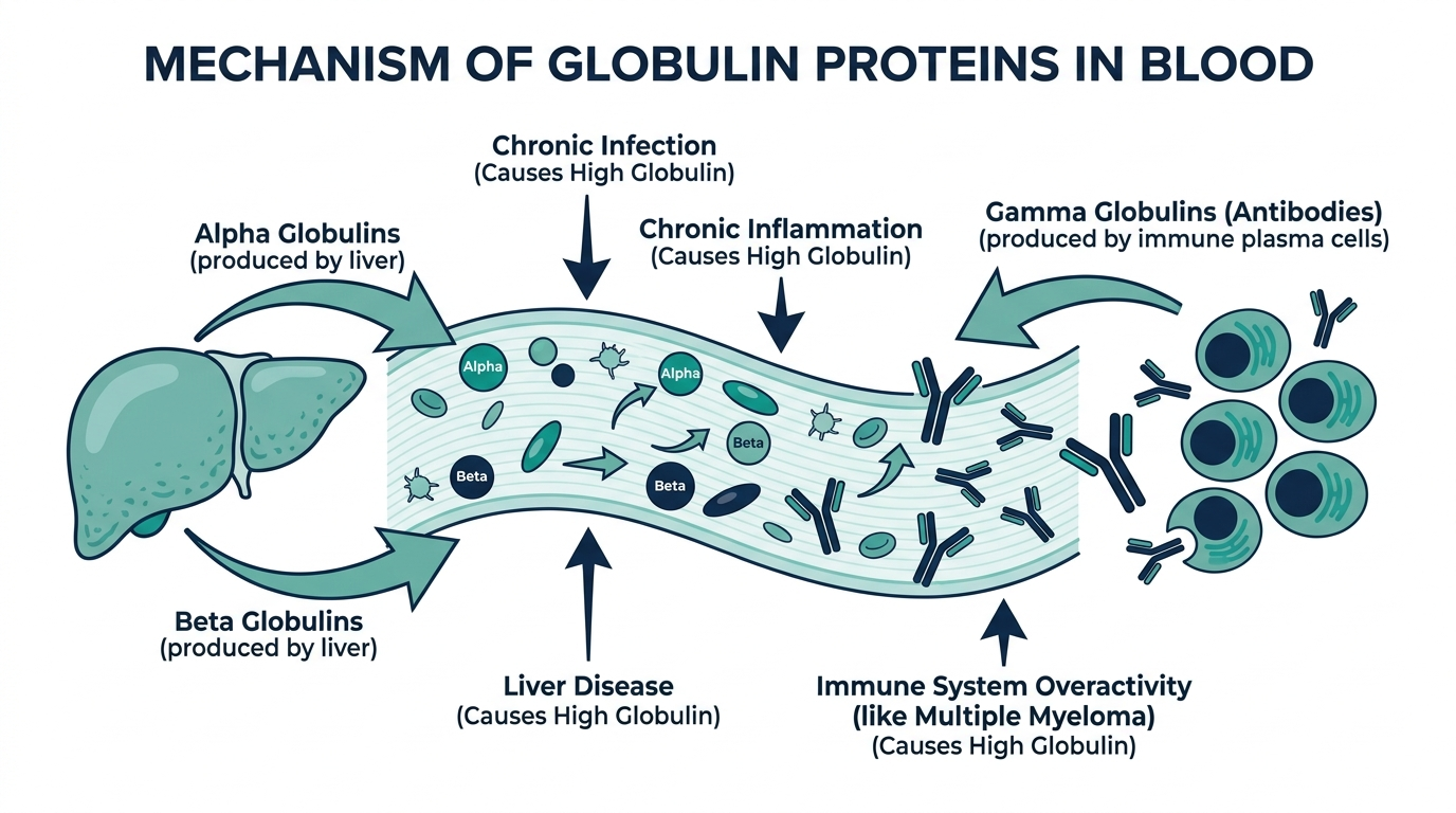 Diagram of globulin proteins made by the liver and immune plasma cells, showing causes of high globulin such as chronic infection and liver disease