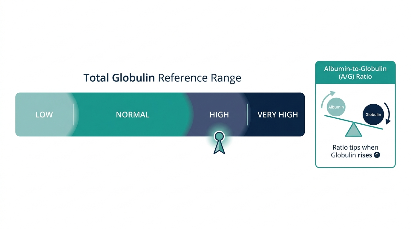 Schematic chart showing total globulin reference range bands from low to very high, with the albumin-to-globulin ratio shown as a balance scale