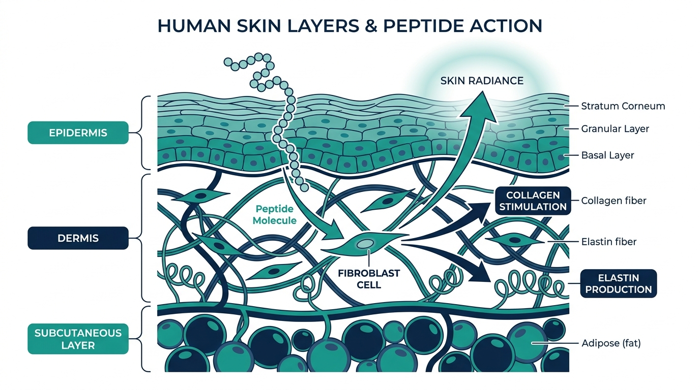 Cross-section diagram of skin layers showing a peptide molecule stimulating fibroblasts to produce collagen and elastin