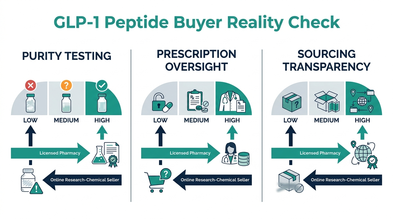 Schematic chart comparing purity testing, prescription oversight, and sourcing transparency across peptide vendor types