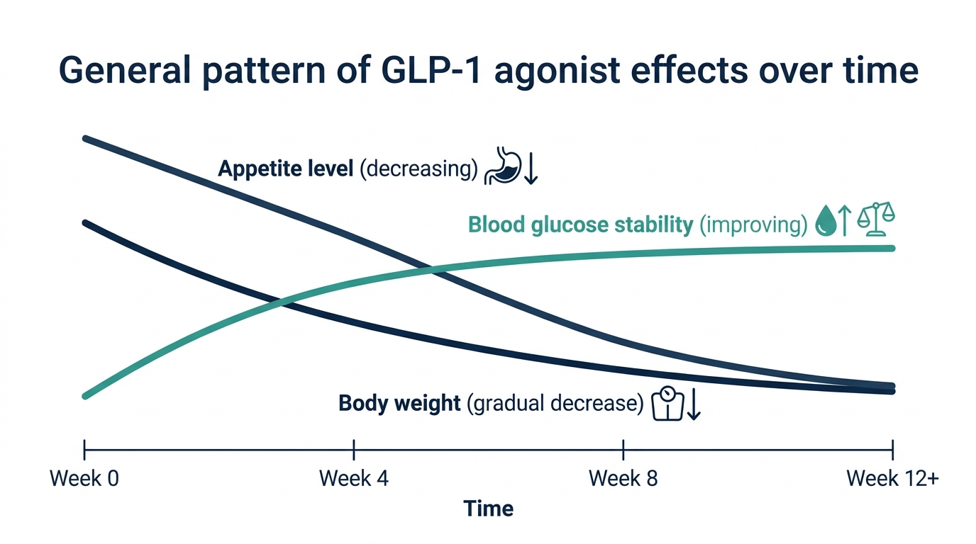 Schematic trend chart showing the general pattern of GLP-1 agonist effects over time on appetite, blood glucose stability, and body weight