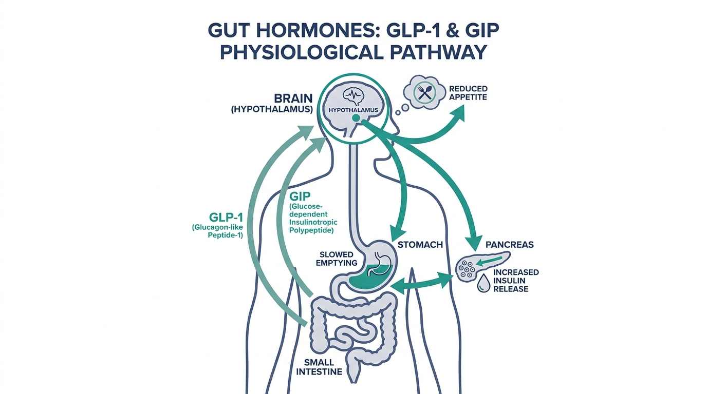 Physiological pathway diagram showing gut GLP-1 and GIP hormone release signaling the hypothalamus and affecting appetite, stomach emptying, and insulin release