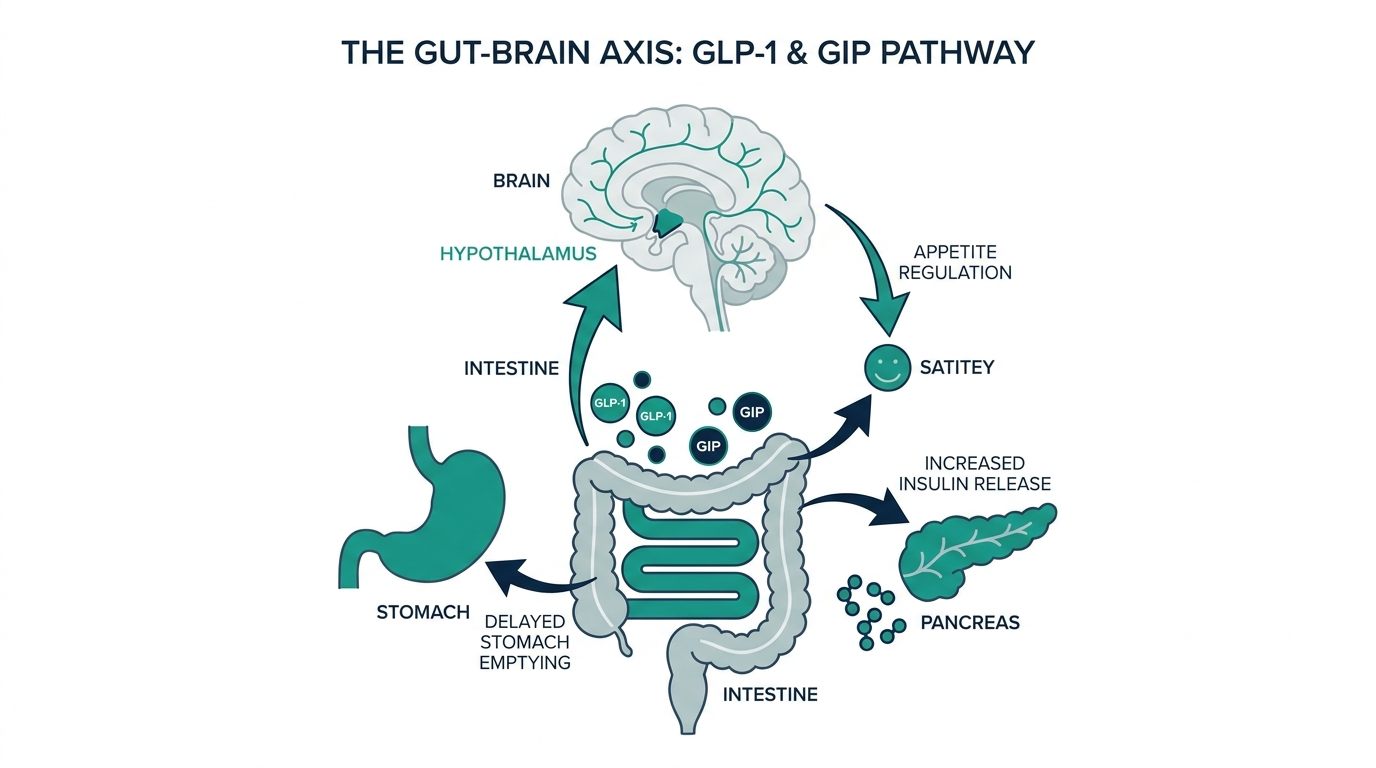 Gut-brain axis diagram of GLP-1 and GIP receptor pathway regulating appetite via hypothalamus and pancreas