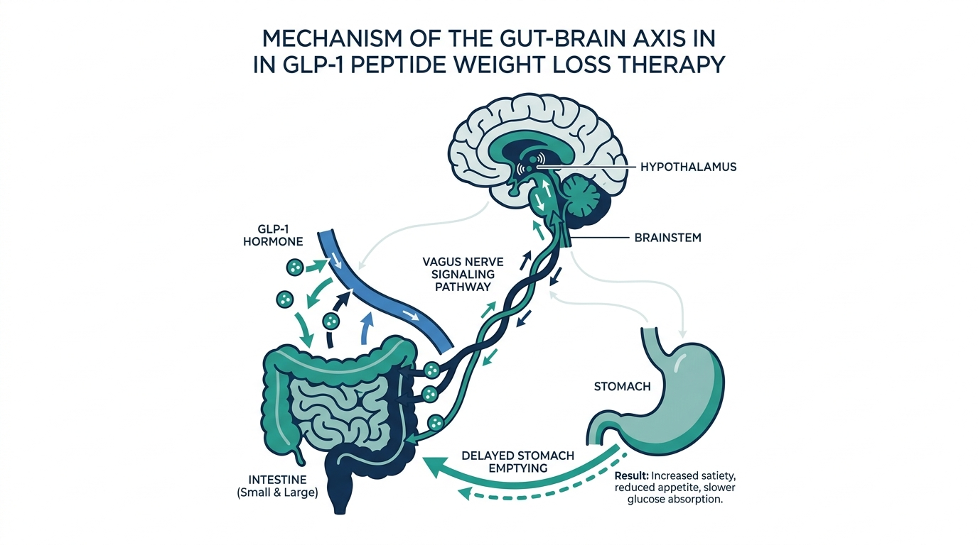 Diagram of the gut-brain axis mechanism behind GLP-1 peptide weight loss therapy