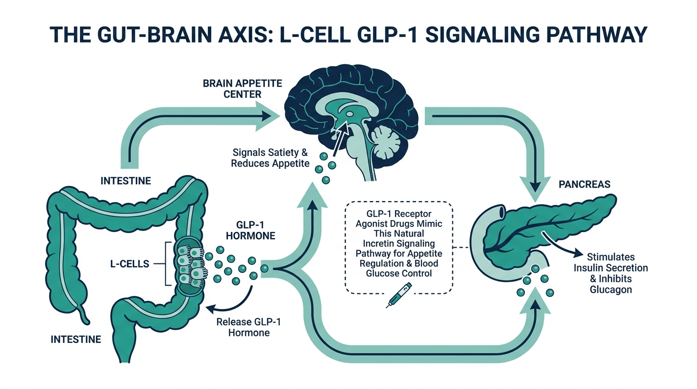 Diagram of the natural GLP-1 gut-brain-pancreas signaling axis