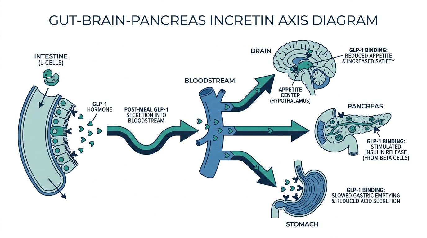 Diagram of GLP-1 secretion from the gut acting on the pancreas, stomach, and brain after a meal