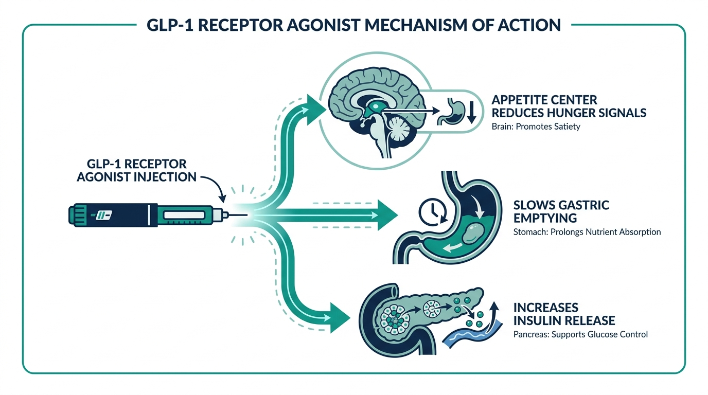 Anatomical diagram of a GLP-1 injection acting on the brain appetite center, stomach, and pancreas