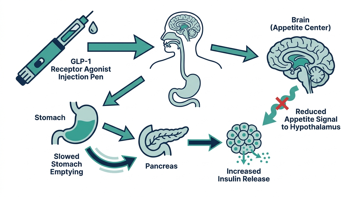 Diagram of a GLP-1 weight loss injection acting on the stomach, pancreas, and brain appetite center