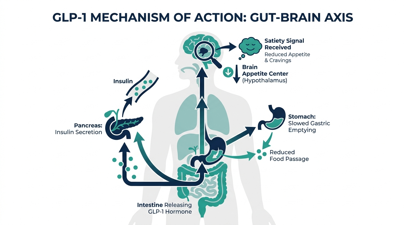 Diagram of the GLP-1 mechanism of action showing the intestine releasing GLP-1, pancreas insulin secretion, slowed gastric emptying, and the brain's appetite center receiving a satiety signal