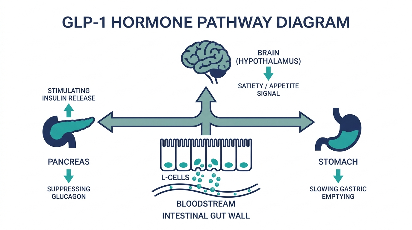 Diagram of GLP-1 hormone pathway from intestinal L-cells to pancreas, brain, and stomach