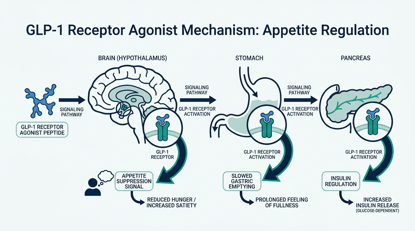 Mechanism diagram showing a GLP-1 receptor agonist peptide acting on the brain, stomach, and pancreas to suppress appetite
