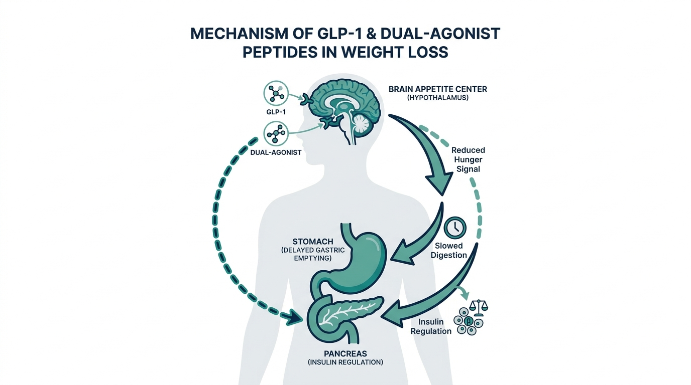 Diagram of how GLP-1 and dual-agonist weight-loss peptides act on the brain, stomach, and pancreas