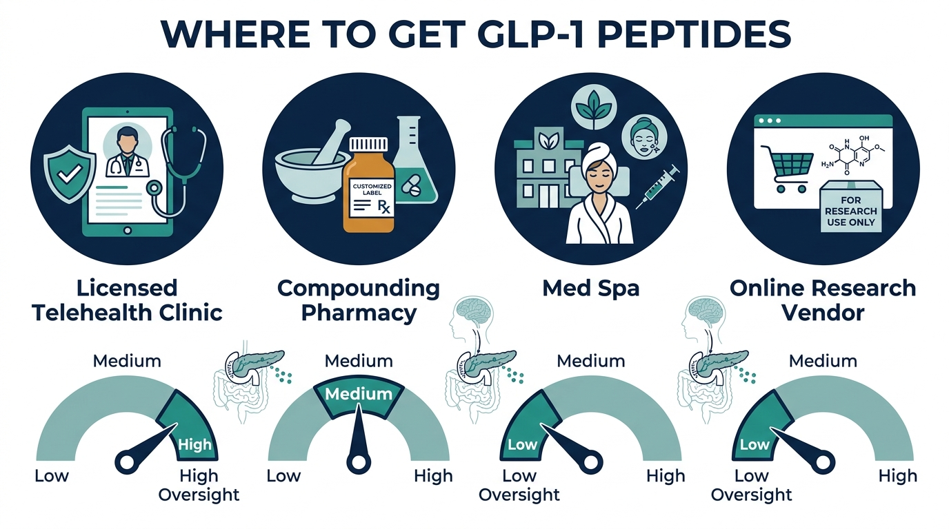 Comparison chart of oversight levels across telehealth clinics, compounding pharmacies, med spas, and online vendors for GLP-1 peptides