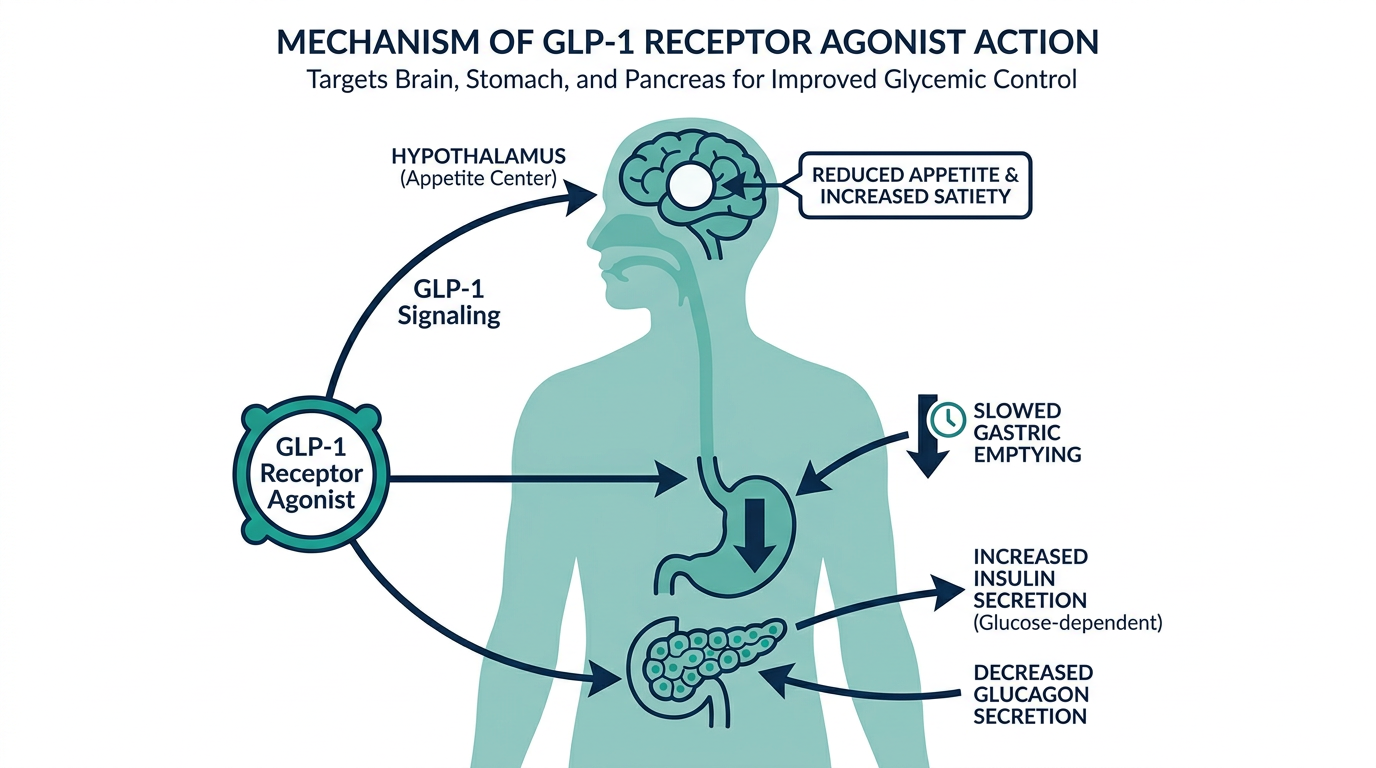 Diagram of GLP-1 receptor agonist action on the pancreas, stomach, and brain