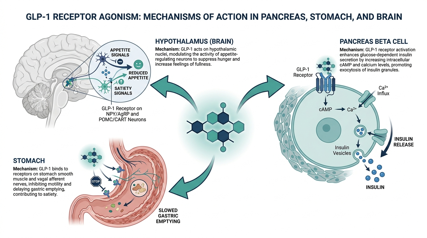 Diagram of GLP-1 acting on the pancreas, stomach, and brain to affect appetite and blood sugar