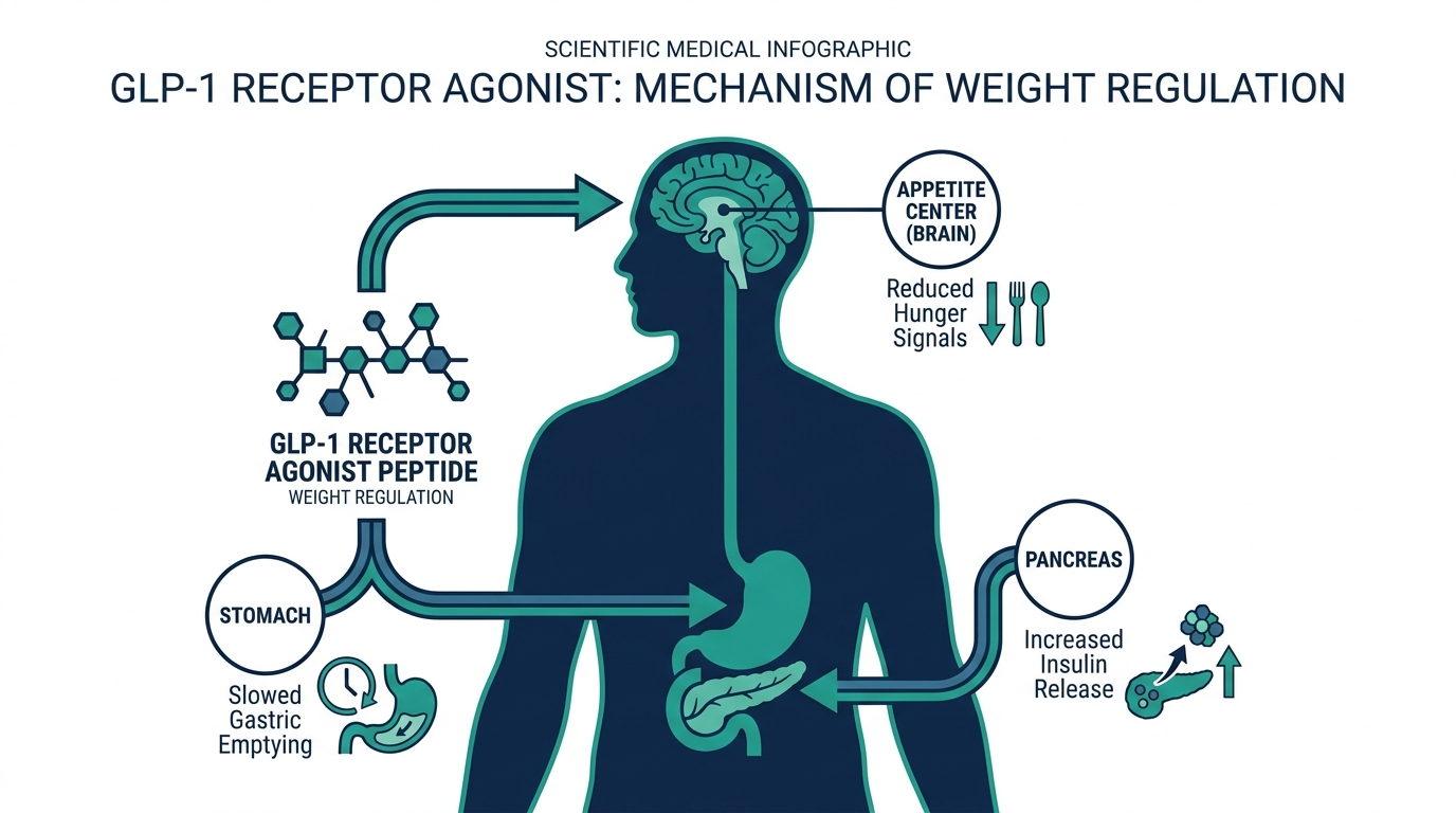 Mechanism diagram of a GLP-1 weight-loss peptide acting on the brain appetite center, stomach, and pancreas