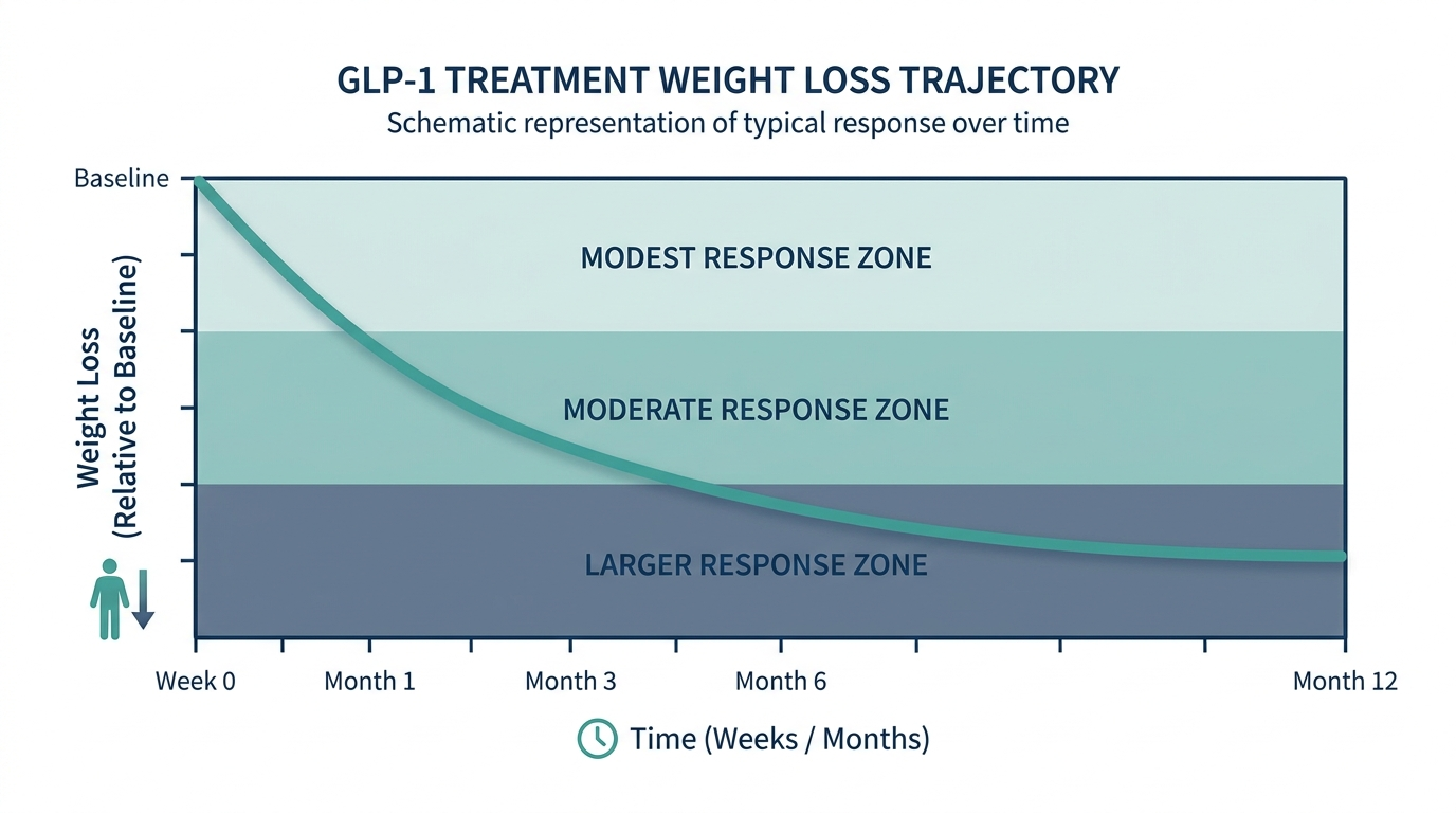 Schematic chart of a weight loss trajectory over weeks of GLP-1 treatment with modest, moderate, and larger response bands