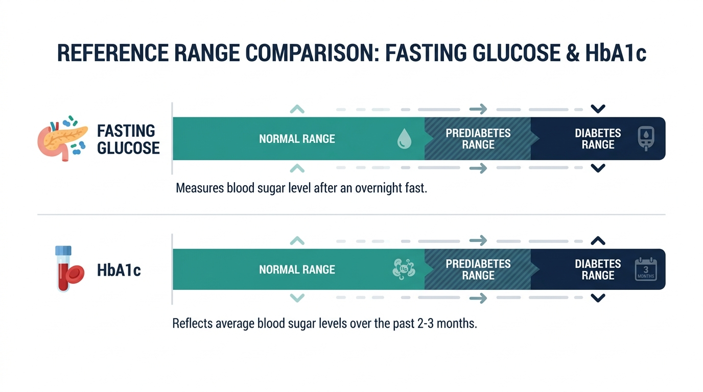 Reference range chart comparing fasting glucose and HbA1c results across normal, prediabetes, and diabetes bands
