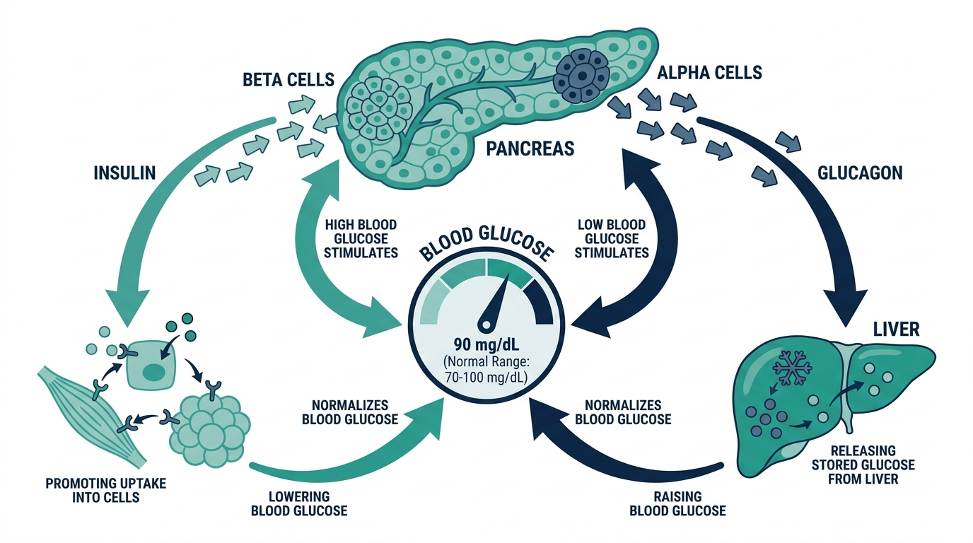 Diagram of blood glucose regulation showing pancreatic beta cells releasing insulin and alpha cells releasing glucagon in a feedback loop with the liver