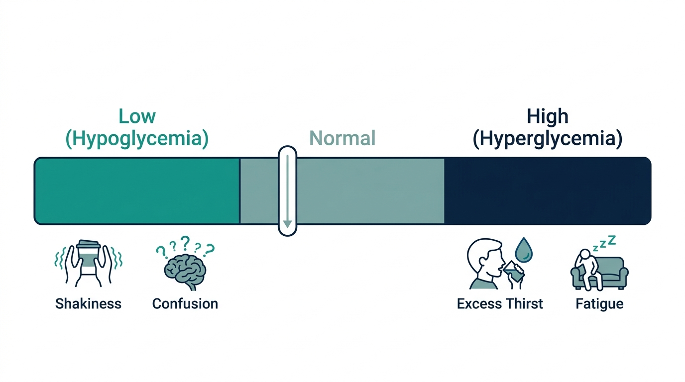 Reference range chart showing low, normal, and high blood glucose bands with symptoms