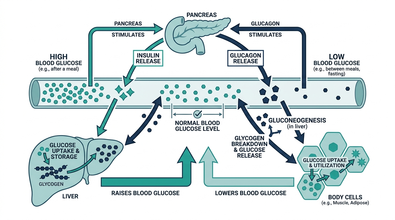 Diagram of blood glucose regulation showing the pancreas, liver glycogen storage, and cells taking up glucose