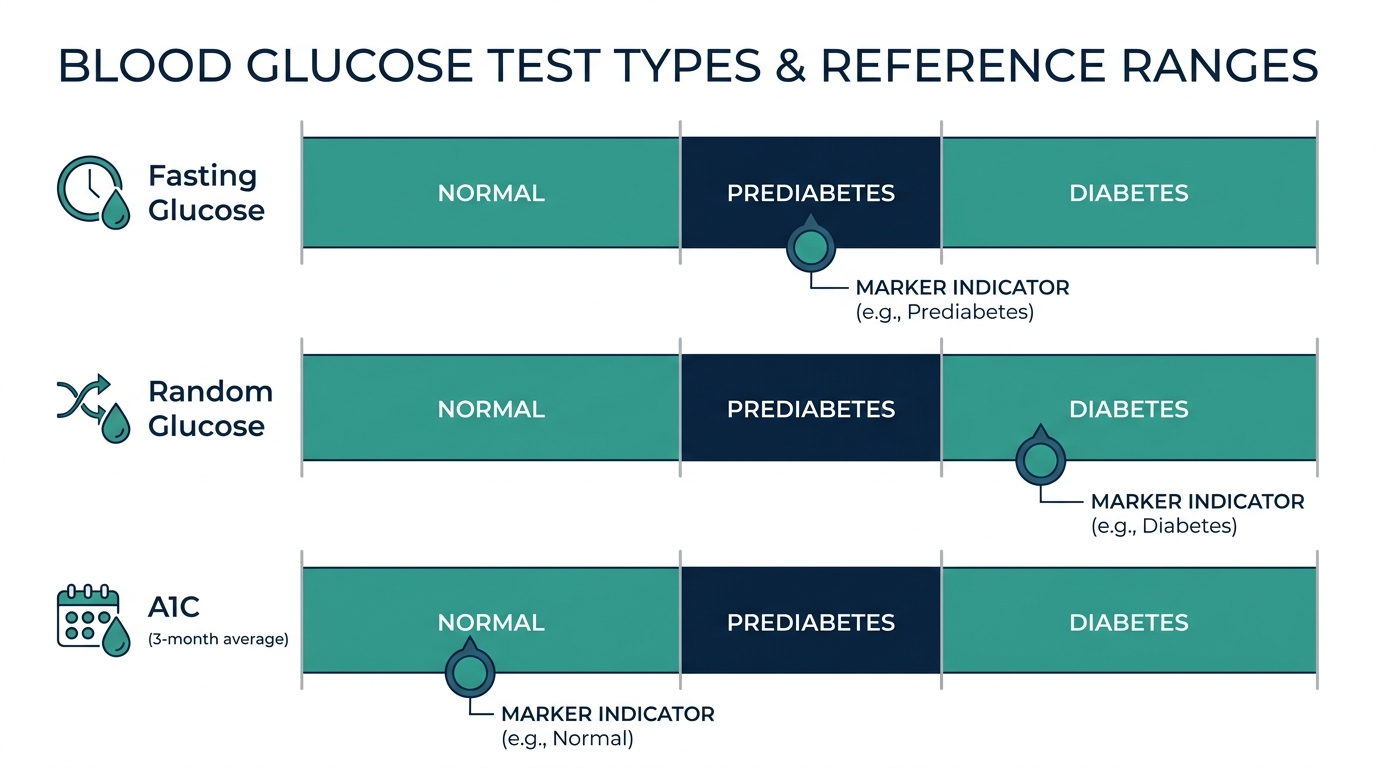 Schematic reference range charts comparing fasting glucose, random glucose, and A1C test bands for normal, prediabetes, and diabetes ranges