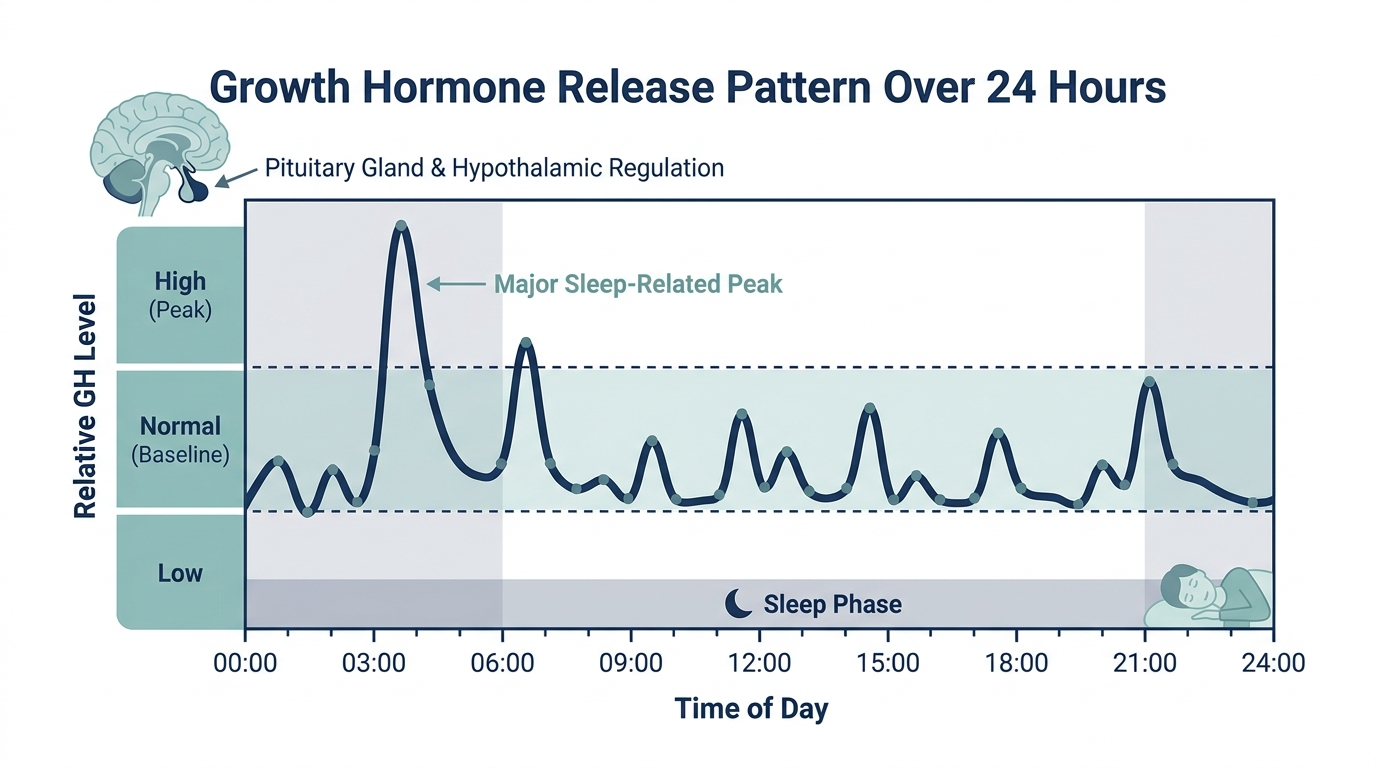 Schematic chart of natural growth hormone release pattern over 24 hours with peaks during sleep