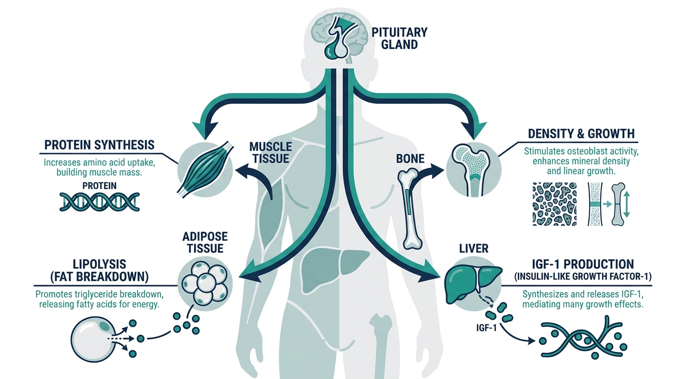 Diagram of growth hormone's downstream effects on muscle, bone, fat tissue, and liver IGF-1 production