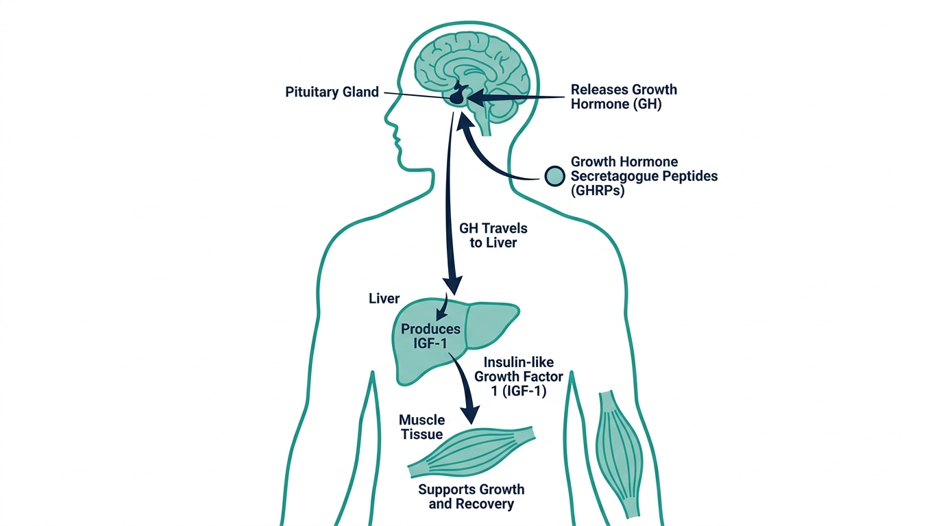 Physiological pathway diagram showing the pituitary gland releasing growth hormone, the liver producing IGF-1, and effects on muscle tissue