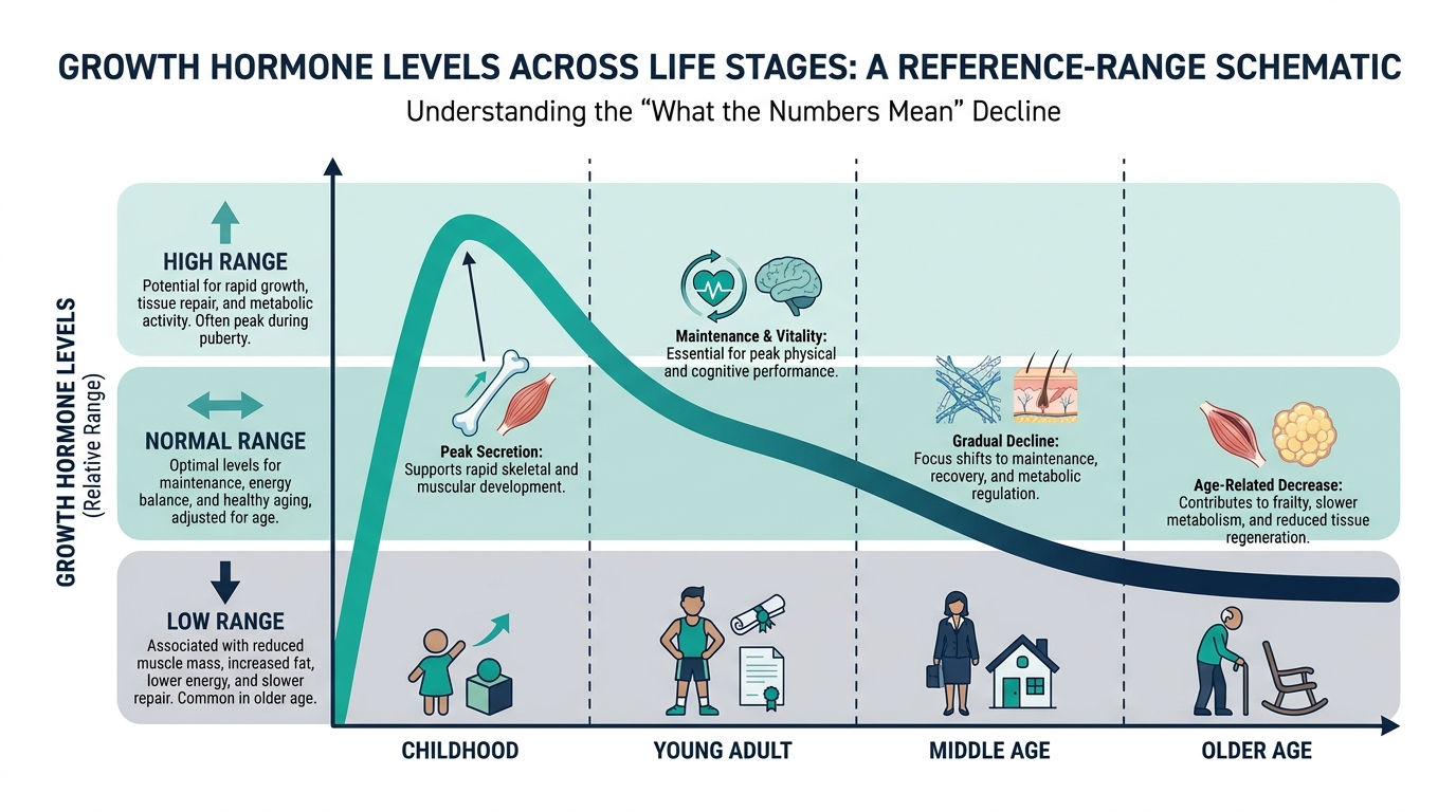 Schematic reference-range chart showing how growth hormone levels change across life stages
