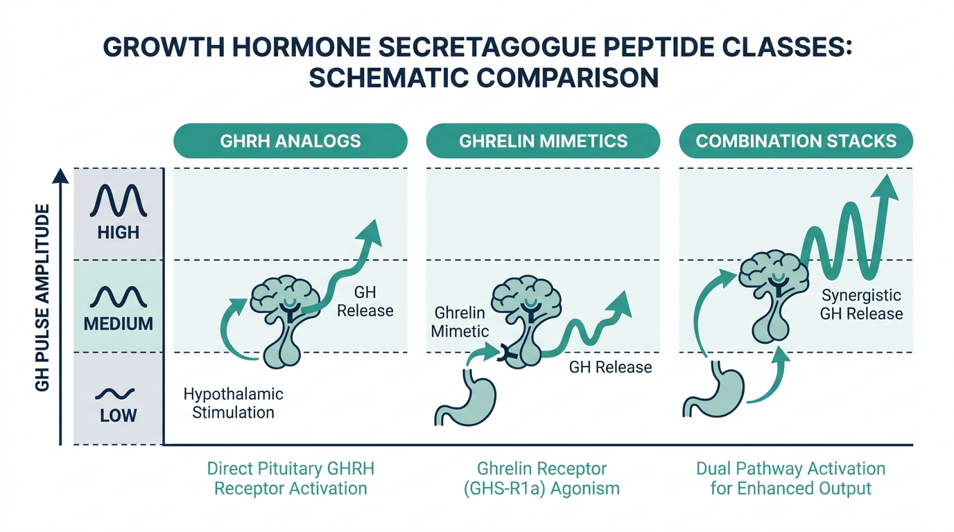 Schematic comparison chart of growth hormone secretagogue peptide classes by growth hormone pulse amplitude