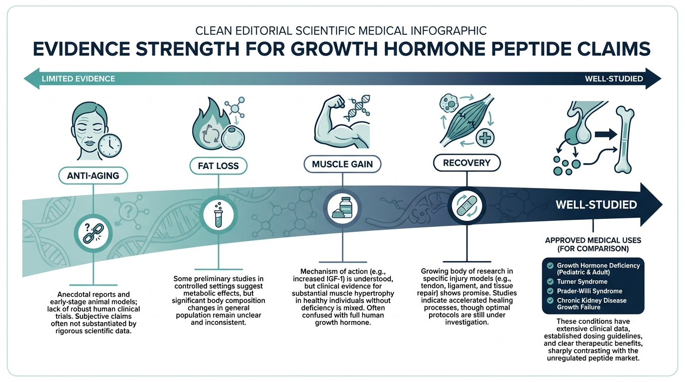 Schematic chart showing relative evidence strength for common growth hormone peptide claims like anti-aging, muscle gain, recovery, and fat loss