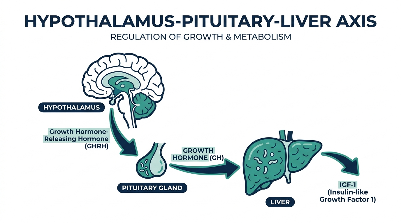 Diagram of the hypothalamus-pituitary-liver axis showing growth hormone release and IGF-1 production