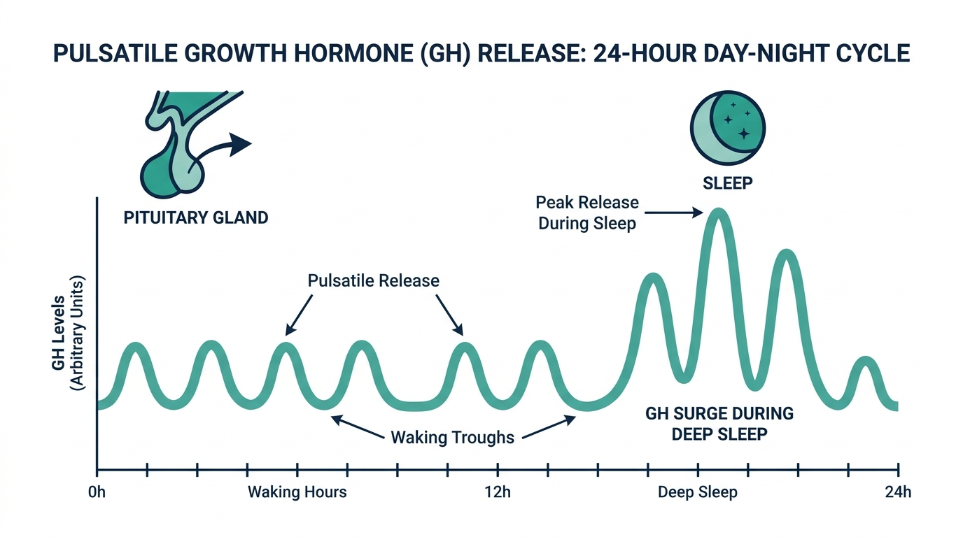 Diagram of pulsatile growth hormone release from the pituitary gland across a 24-hour sleep-wake cycle