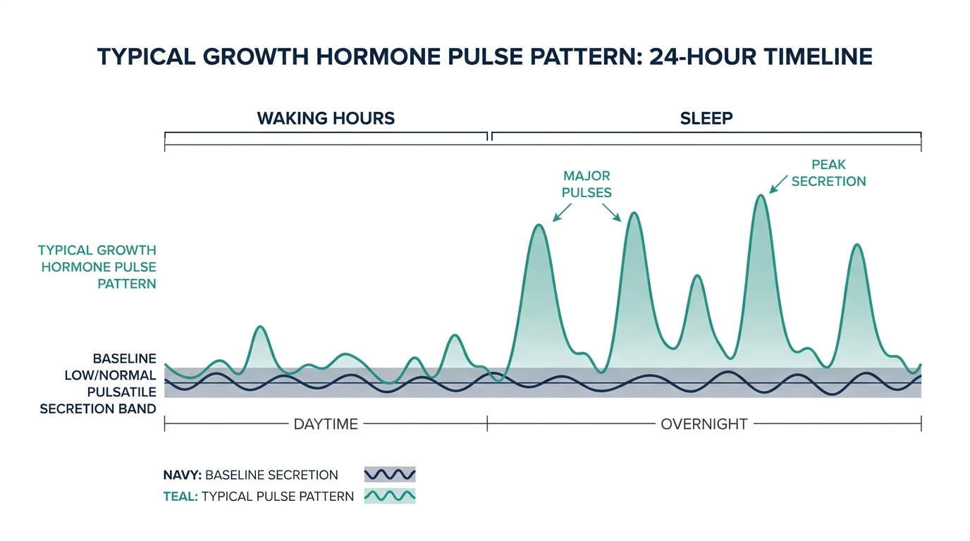 Chart showing the natural pulsatile pattern of growth hormone release across sleep and waking hours