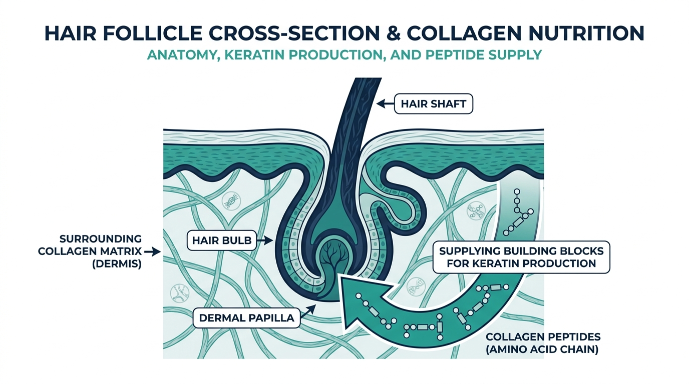 Cross-section diagram of a hair follicle showing the dermal papilla, hair bulb, and surrounding collagen matrix