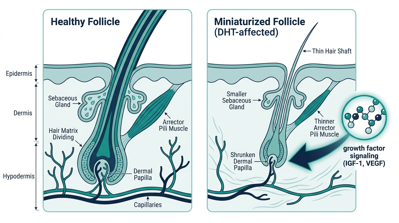 Cross-section comparison of a healthy hair follicle versus a DHT-miniaturized follicle with peptide signaling