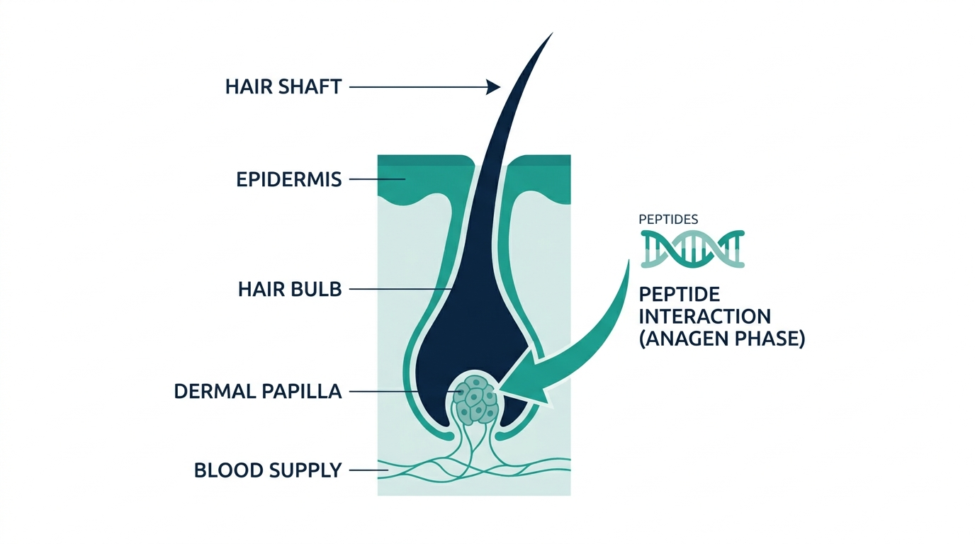 Labeled cross-section diagram of a hair follicle showing the hair shaft, dermal papilla, hair bulb, and blood supply, with peptides interacting at the growth phase