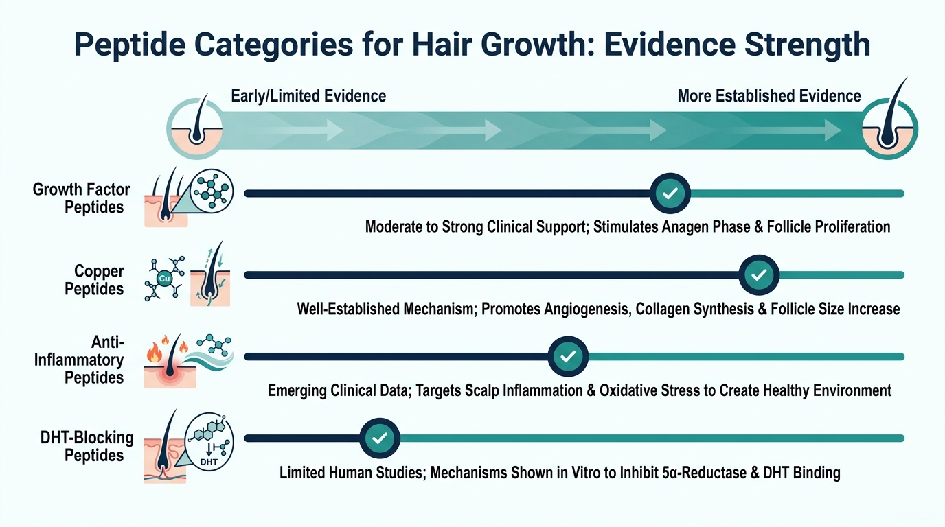 Chart comparing evidence strength across growth factor, copper, anti-inflammatory, and DHT-blocking hair peptides