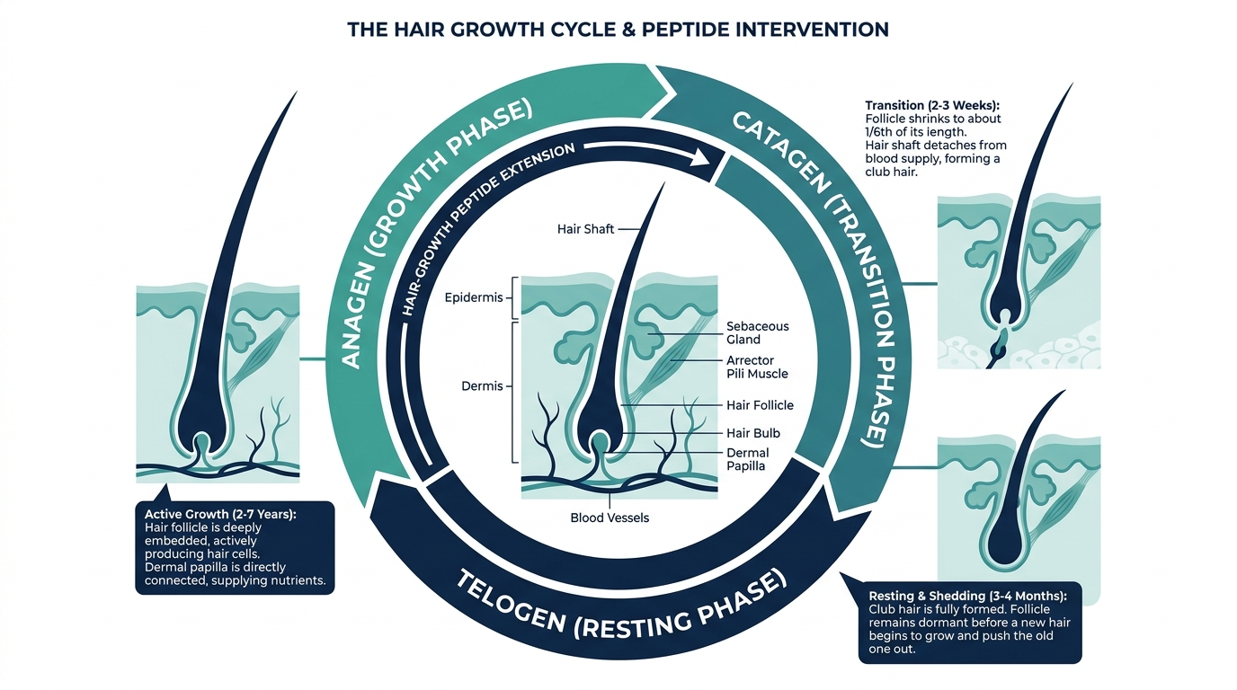 Diagram of the hair growth cycle showing anagen, catagen, and telogen phases and where a peptide extends the growth phase