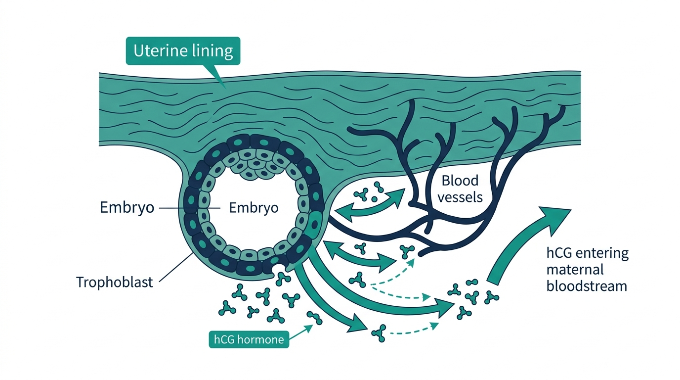 Diagram of embryo implantation in the uterine wall showing the trophoblast producing hCG hormone that enters the bloodstream