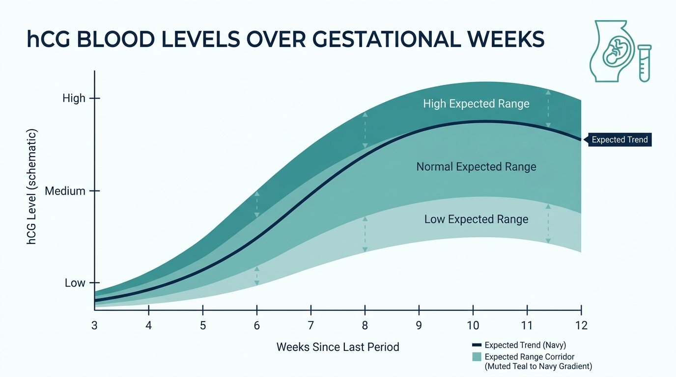 Schematic chart showing hCG blood levels rising across gestational weeks within a wide expected range corridor
