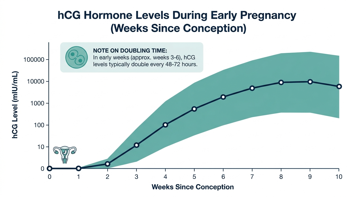 Line chart showing hCG hormone levels rising week by week in early pregnancy with a shaded normal range band