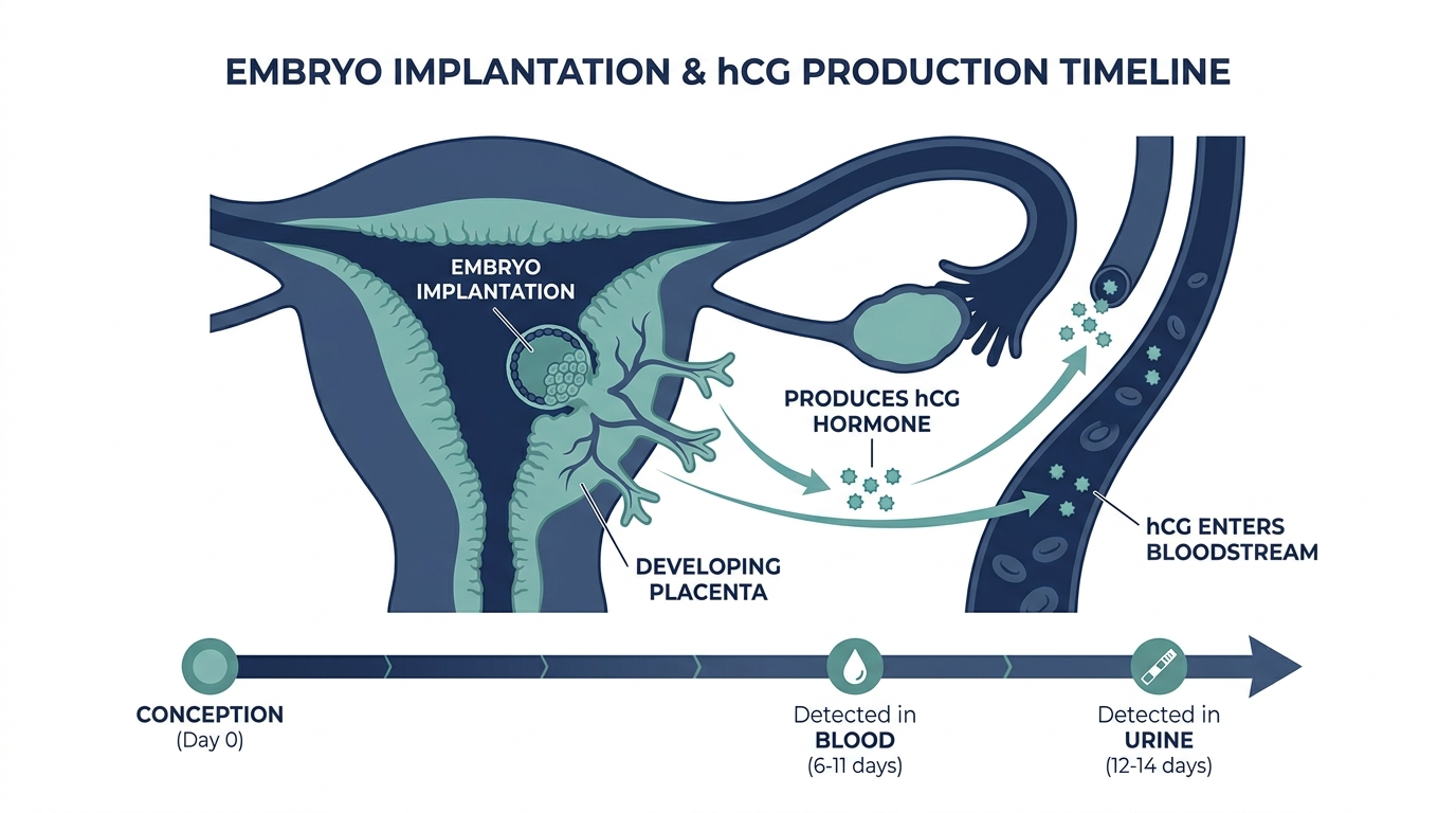 Diagram of embryo implantation and placenta producing hCG hormone into the bloodstream