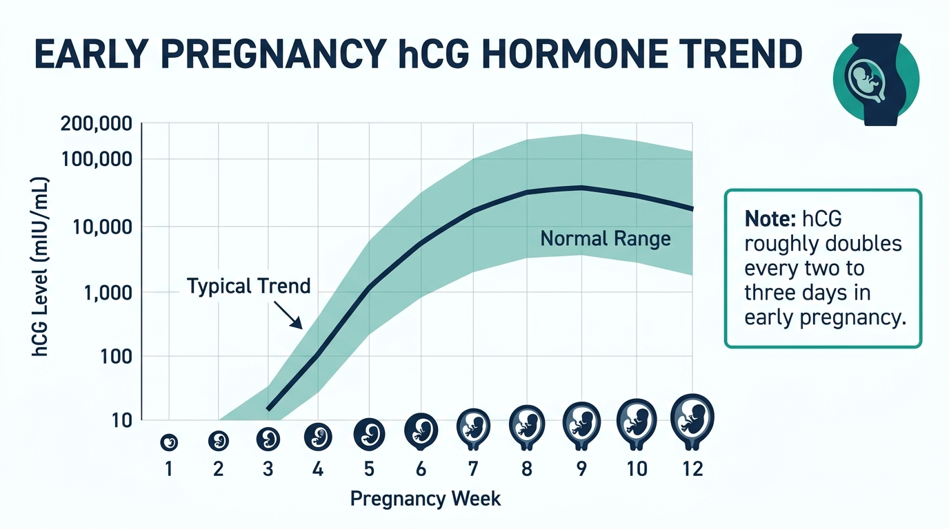 Schematic line chart showing rising hCG levels across early pregnancy weeks with a wide normal range band