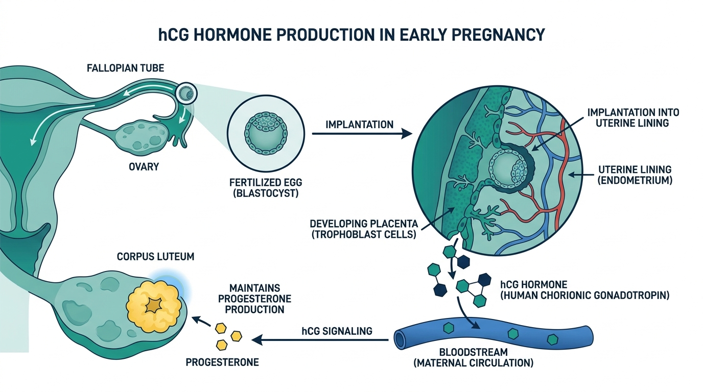 Diagram of early pregnancy showing implantation, placental hCG release into the bloodstream, and signaling to the corpus luteum