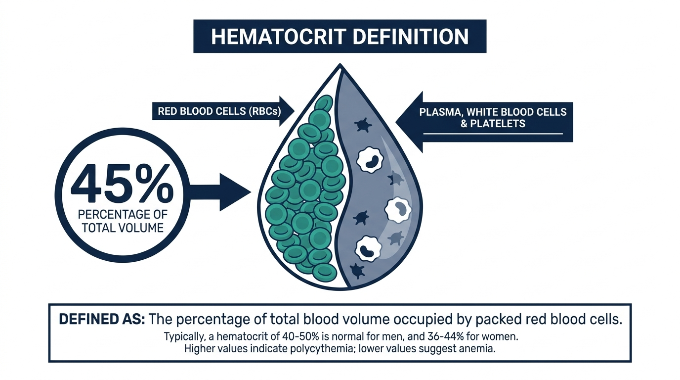 Diagram defining hematocrit as the percentage of blood volume made up of red blood cells